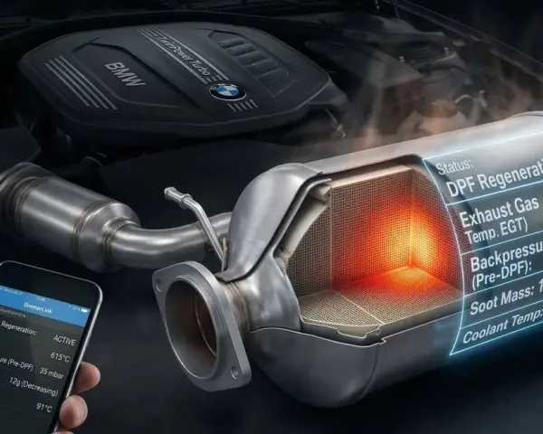 Silnik BMW TwinPower Turbo z aktywną regeneracją DPF. Na ekranie telefonu dane o temperaturze spalin i masie sadzy.