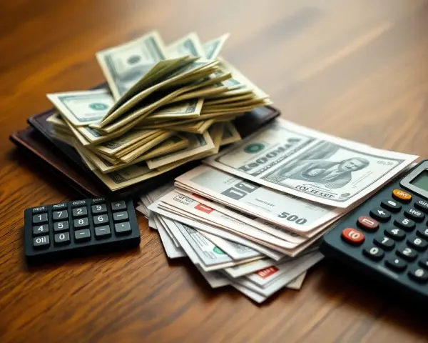 Stos banknotów i kalkulatory na drewnianym blacie. Zastanawiasz się, skąd wziąć pieniądze na długi? Czas na planowanie finansowe.