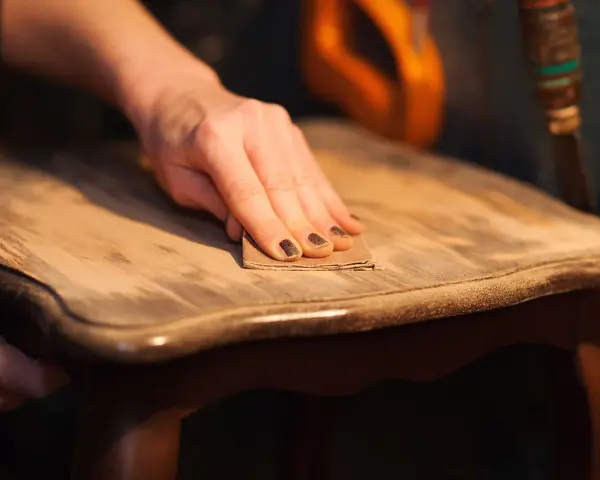 Main d'une personne ponçant un meuble en bois pour enlever la cire naturellement.