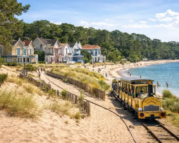 Petit train jaune longeant une plage de sable bordée de maisons colorées et d'une forêt.