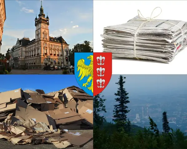Stos makulatury, stos kartonów, herb miasta i widok na panoramę. Sprawdź, jaka jest aktualna makulatura cena.