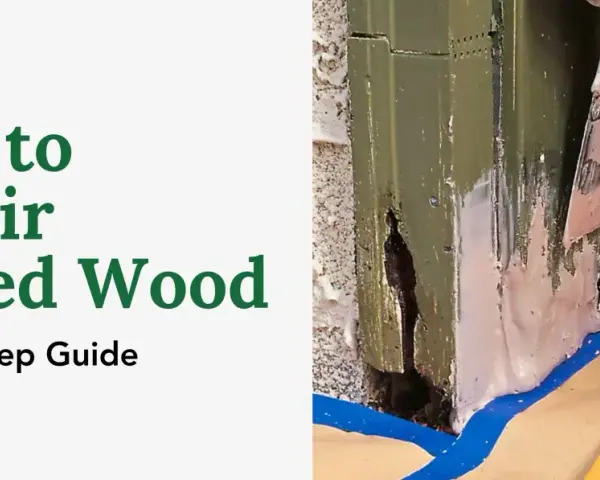 A close-up shows a person applying wood filler to a damaged, green-painted corner, illustrating wood siding repair.