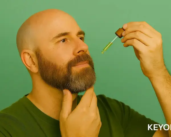 Hombre calvo con barba hipster, aplicando aceite con un gotero.
