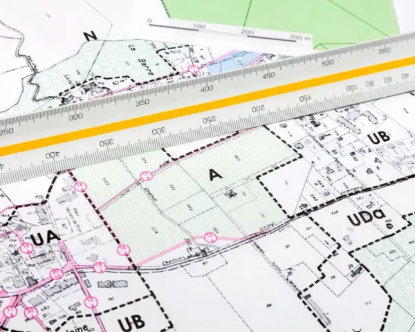 Plan zagospodarowania przestrzennego online: szczegółowe mapy z podziałem na działki i oznaczeniami stref, linijka geodezyjna do pomiarów.