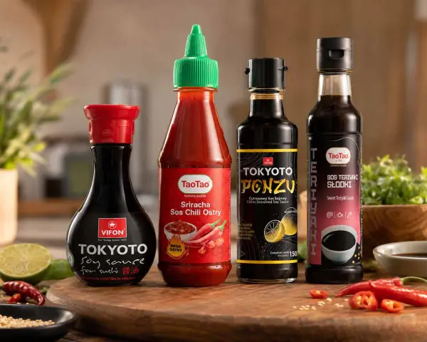 Na drewnianej desce stoją cztery butelki sosów: Vifon Tokyoto Soy Sauce, TaoTao Sriracha Sos Chili Ostry, Tokyoto Ponzu (cytrusowy sos sojowy) i TaoTao Sos Teriyaki Słodki. Obok leżą limonki i papryczki chili.
