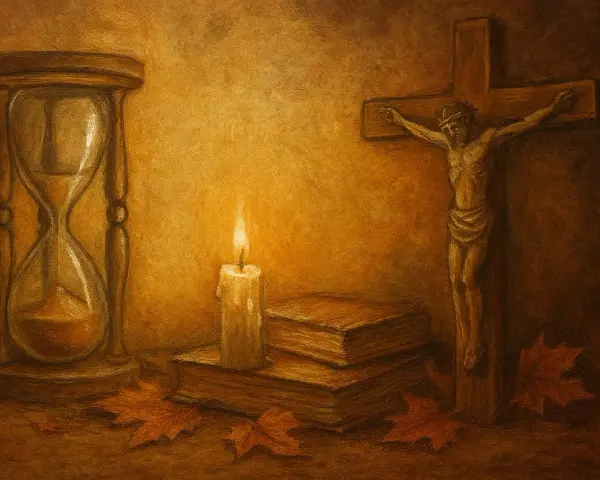Klepsydra, płonąca świeca, księgi i krzyż symbolizują przemijanie. Jesienne liście podkreślają ulotność chwili.