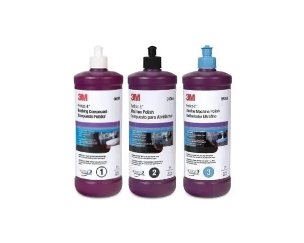 Three bottles of 3M Perfect-It car polishing compounds: Rubbing Compound, Machine Polish, and Ultrafine Machine Polish.