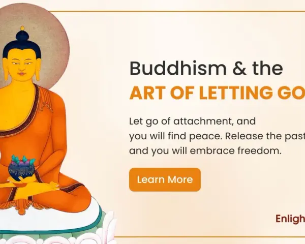 Buddha meditating, promoting the art of letting go of attachment for peace and freedom. Learn more about Buddhism.
