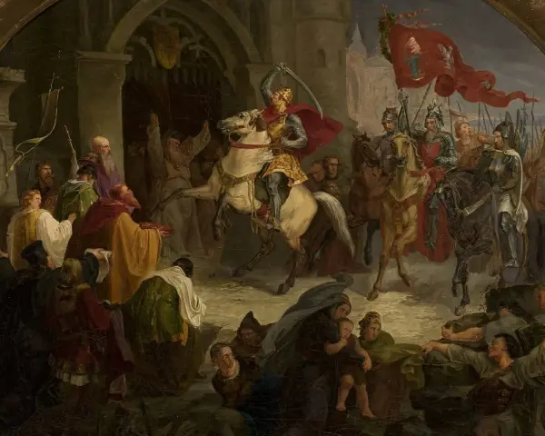 Bolesław Chrobry na koniu, w koronie i czerwonym płaszczu, z mieczem wzniesionym ku górze, w otoczeniu rycerzy i ludu.