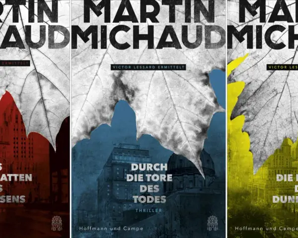Drei Buchcover von Martin Michaud mit stilisierten Blättern und Stadtansichten in Rot, Blau und Gelb.