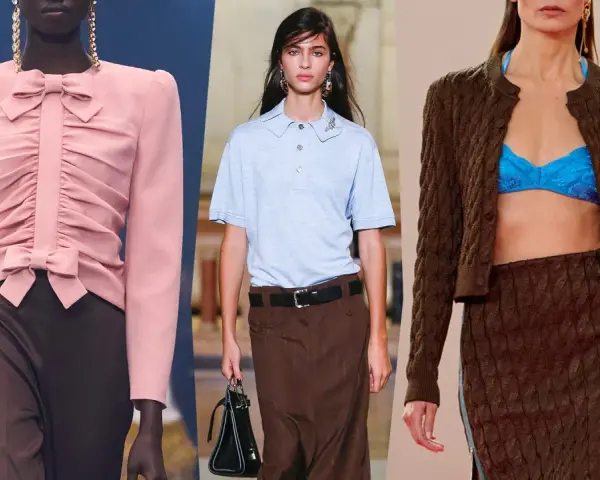 Modelli in passerella con abbinamento rosa e marrone: un top con fiocco e pantaloni, una polo con gonna, e un cardigan con gonna.