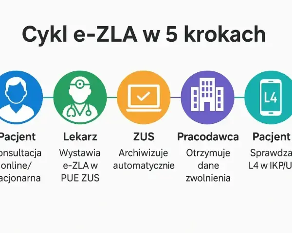 Schemat cyklu e-ZLA: Pacjent, Lekarz, ZUS, Pracodawca, Pacjent. Dowiedz się, jak sprawdzić czy jestem ubezpieczony i uzyskać L4.