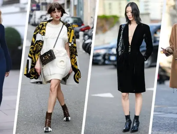 Sei donne sfoggiano look diversi, ognuna con un vestito con stivali bassi, creando un'elegante sfilata di moda urbana.