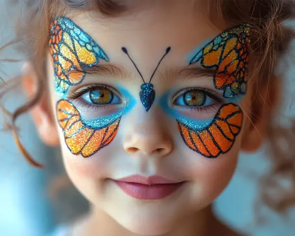 Ein Kind mit einem wunderschönen Schmetterling Schminken, das wie ein Monarchfalter aussieht. Glitzernde Flügel zieren Wangen und Augen.