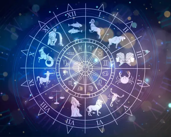 Zodiak z symbolem bliźniąt od kiedy? Koło zodiaku z wizerunkami znaków, w tym bliźniąt, na tle kosmicznym.