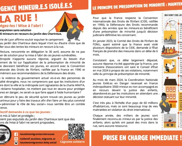 Mineurs isolés à la rue à Lyon, sans solution de mise à l'abri. Appel à la protection et à la fin des expulsions, dans le respect de la réglementation sur le séjour de vacances.
