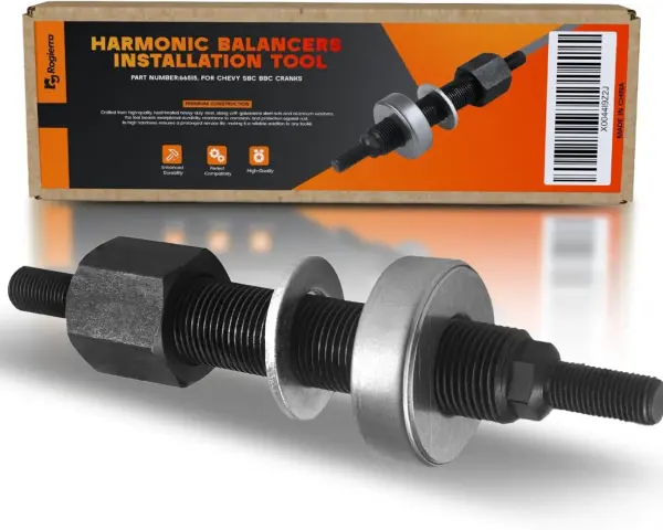 A harmonic balancer installation tool, crafted from heavy-duty steel, designed for Chevy SBC BBC cranks.