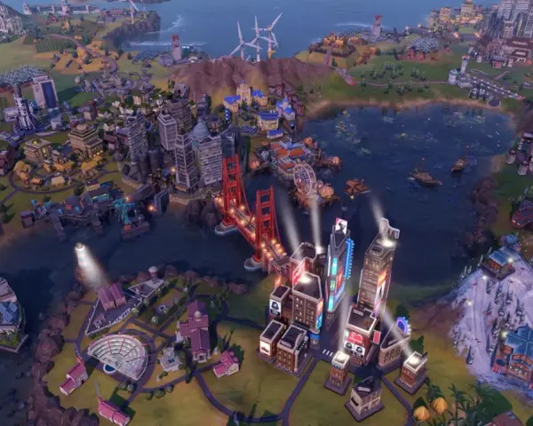 Ciudad futurista con puente rojo, rascacielos y estación de esquí. Trucos Civilization VI para dominar el mundo.