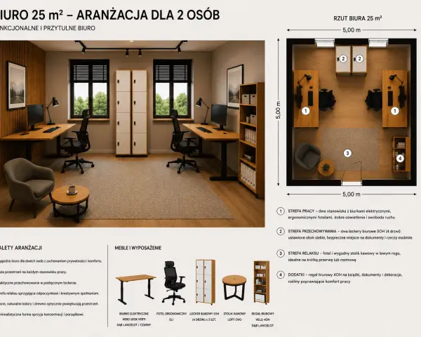 Jak urządzić biuro dla dwóch osób: funkcjonalne stanowiska pracy, strefa relaksu, praktyczne lockery i regał na dokumenty.