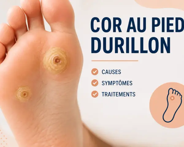 Gros plan sur un pied présentant des cors. Le texte indique "COR AU PIED DURILLON" et liste les causes, symptômes et traitements pour savoir comment soigner un cor.