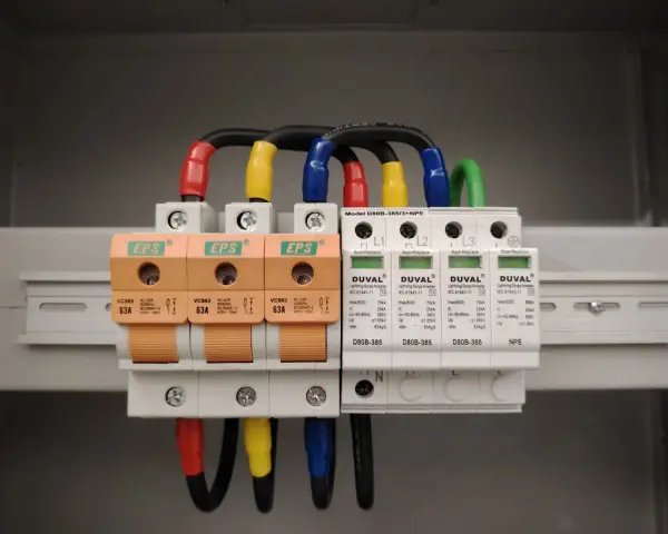 Ogranicznik przepięć t1+t2 chroni instalację przed wyładowaniami atmosferycznymi. Widoczne moduły DUVAL i EPS.