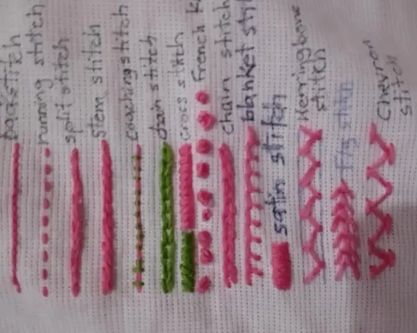 Ejemplos de puntadas de bordado: backstitch, running stitch, split stitch, stem stitch, coaching stitch, chain stitch, blanket stitch, satin stitch, herringbone stitch y chevron stitch.