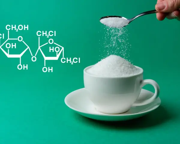 Wzór chemiczny sukralozy obok filiżanki cukru. Czy sukraloza a cukrzyca to dobry wybór?