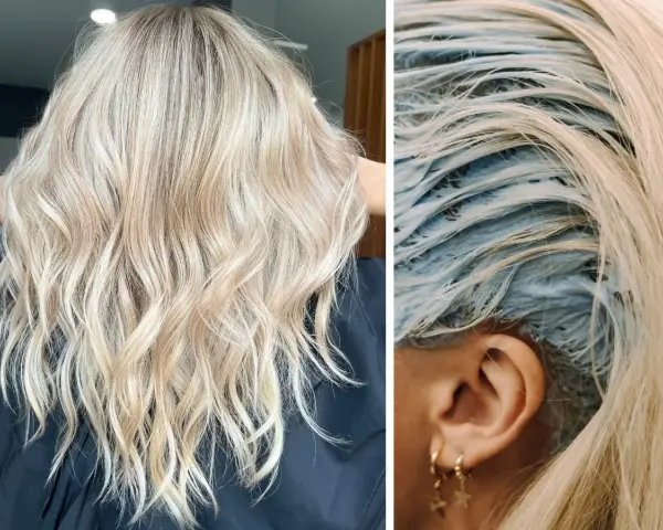 Efektowne tonowanie włosów blond. Po lewej piękny, rozświetlony kolor, po prawej widać proces aplikacji produktu.