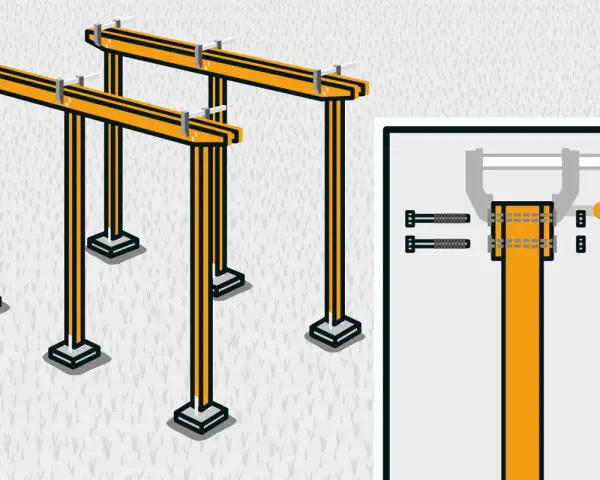 Illustration visar hur man bygger en pergola med stolpar och balkar. Detaljbild visar hur man fäster balken med bultar.