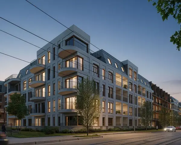 Nowe inwestycje Poznań: nowoczesne apartamentowce z balkonami i mansardowymi dachami, oświetlone wieczornym światłem, przy ulicy z torami tramwajowymi.