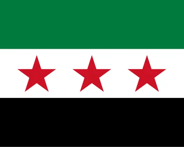 Flaga Syrii: trzy czerwone gwiazdy na białym pasie, między zielonym a czarnym pasem.