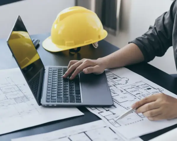 Architekt pracuje nad projektem, analizując plany i obliczając powierzchnię całkowitą budynku. Żółty kask ochronny leży obok.