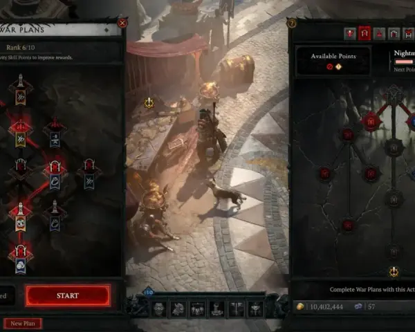 Interfaz de Diablo 4: un bárbaro construye un plan de guerra para mazmorras de Pesadilla.