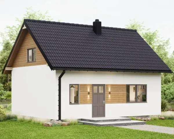 Gotowe domki na działkę ROD. Biały domek z drewnianymi elementami, czarnym dachem i kominem, otoczony zielenią.