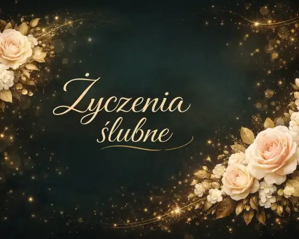 Eleganckie życzenia ślubne od serca, ozdobione kremowymi różami i złotymi listkami, otoczone migoczącymi iskierkami.