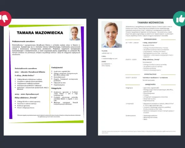 Tamara Mazowiecka, doradczyni klienta z 3-letnim doświadczeniem, szuka pracy. Jej tytuł zawodowy to "Doradczyni Klienta".