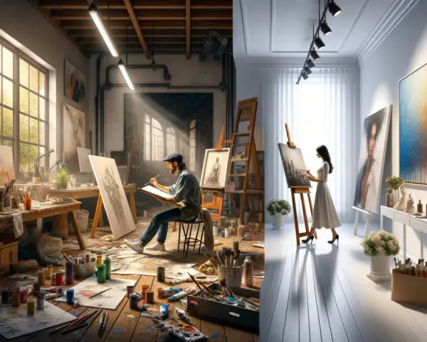 Dans une galerie recherche artiste, deux ateliers contrastés : l'un bohème et lumineux, l'autre épuré et moderne.