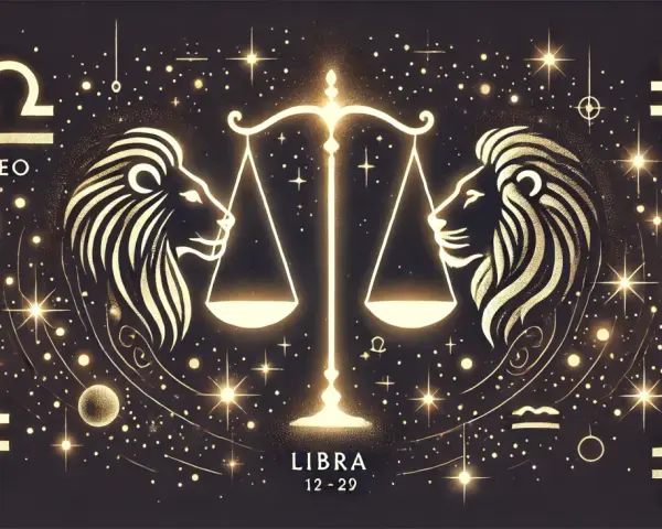 Złoty lew i waga na tle nocnego nieba pełnego gwiazd. Symbol zodiaku Waga i Lwa.