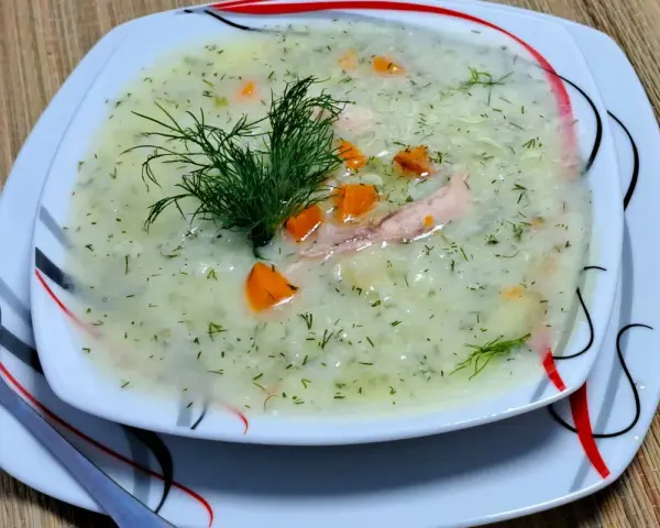 Aromatyczna zupa koperkowa z ryżem, kawałkami kurczaka i marchewką, udekorowana gałązką koperku.
