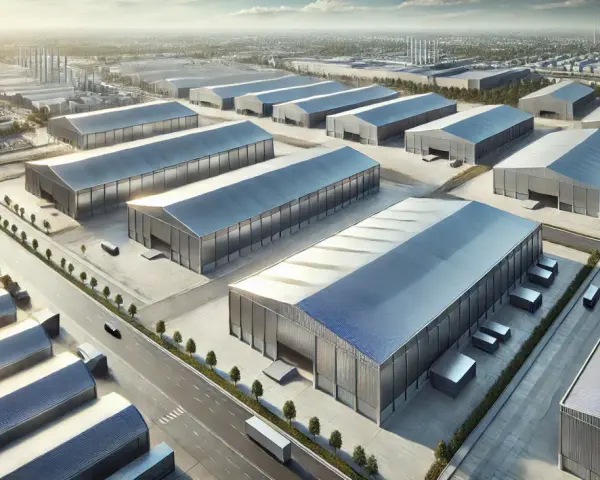 Vista aérea de un polígono industrial con naves de fachada zinc.