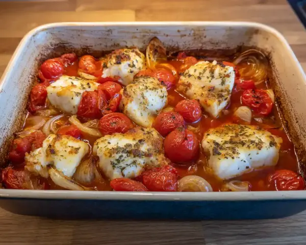 Ugnsbakad torsk med tomater och lök, ett enkelt och gott torsk recept.