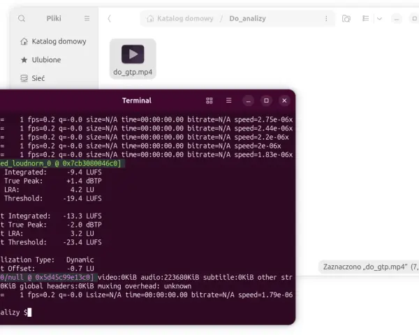 Terminal pokazuje analizę głośności pliku wideo. Wyniki loudness co to, wskazują na znormalizowany poziom dźwięku.