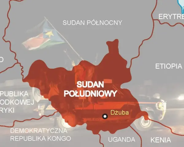 Mapa Afryki: Sudan Południowy, otoczony przez Sudan Północny, Czad, Republikę Środkowej Afryki, Demokratyczną Republikę Kongo, Ugandę, Kenię, Etiopię i Erytreę.