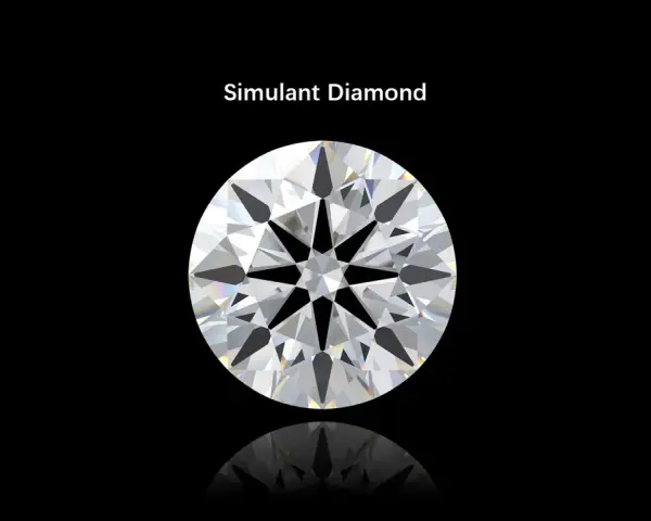 A brilliant round cut simulant diamond sparkles against a black background, showcasing its facets and fire.