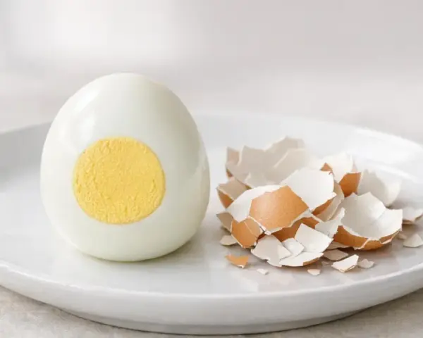 Un œuf dur coupé en deux, montrant son jaune parfait, à côté de sa coquille ébréchée. La cuisson de l'œuf dur est réussie.