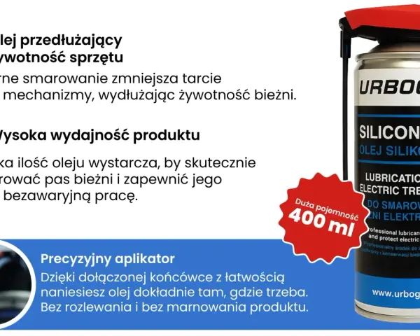Olej silikonowy do paneli URBOGYM 400 ml. Przedłuża żywotność sprzętu, zmniejsza tarcie i zapewnia płynną pracę bieżni. Precyzyjny aplikator.