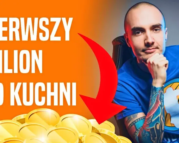 Mężczyzna z tatuażami zastanawia się, jak szybko zarobić pieniądze. Na ekranie napis "Pierwszy milion od kuchni" i stos złotych monet.
