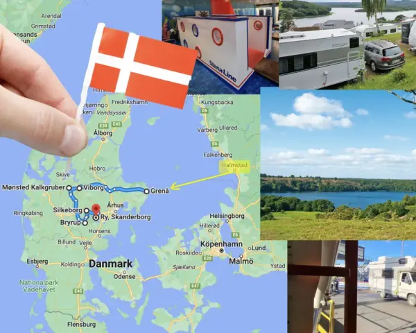 Planerar du en resa till Danmark? Bilden visar en karta över Danmark med en rutt markerad, samt campingplatser och vackra vyer. Ett perfekt danmark resmål för husbilen!