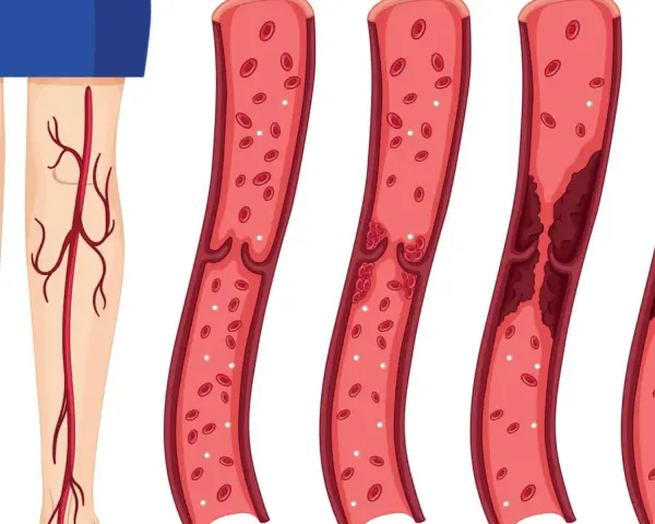 Illustration zeigt gesunde Wade und Blutgefäße mit zunehmender Thrombosebildung. Ein Thrombose Test Wade kann dies aufzeigen.