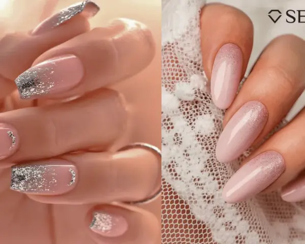Unghie eleganti con sfumature rosa cipria e dettagli glitter oro e argento, perfette per una sposa.